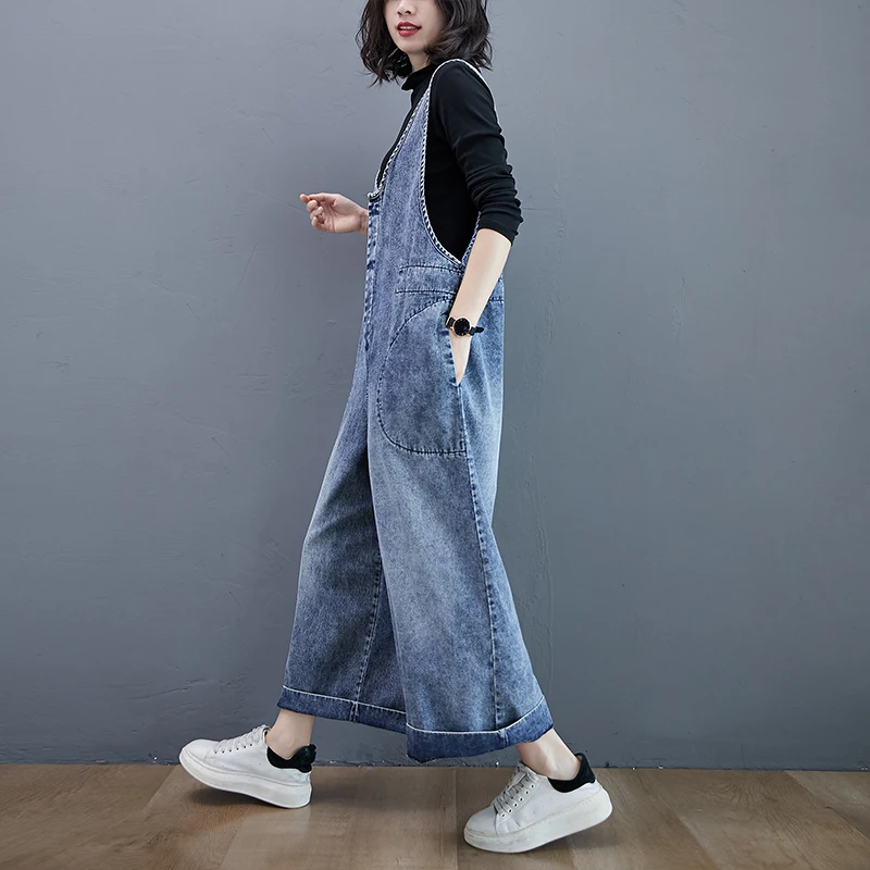 أفرول جينز نحيف للنساء ربيع  جديد فضفاض مقاس كبير عصري بأرجل واسعة قطعة واحدة مضاد للشيخوخة