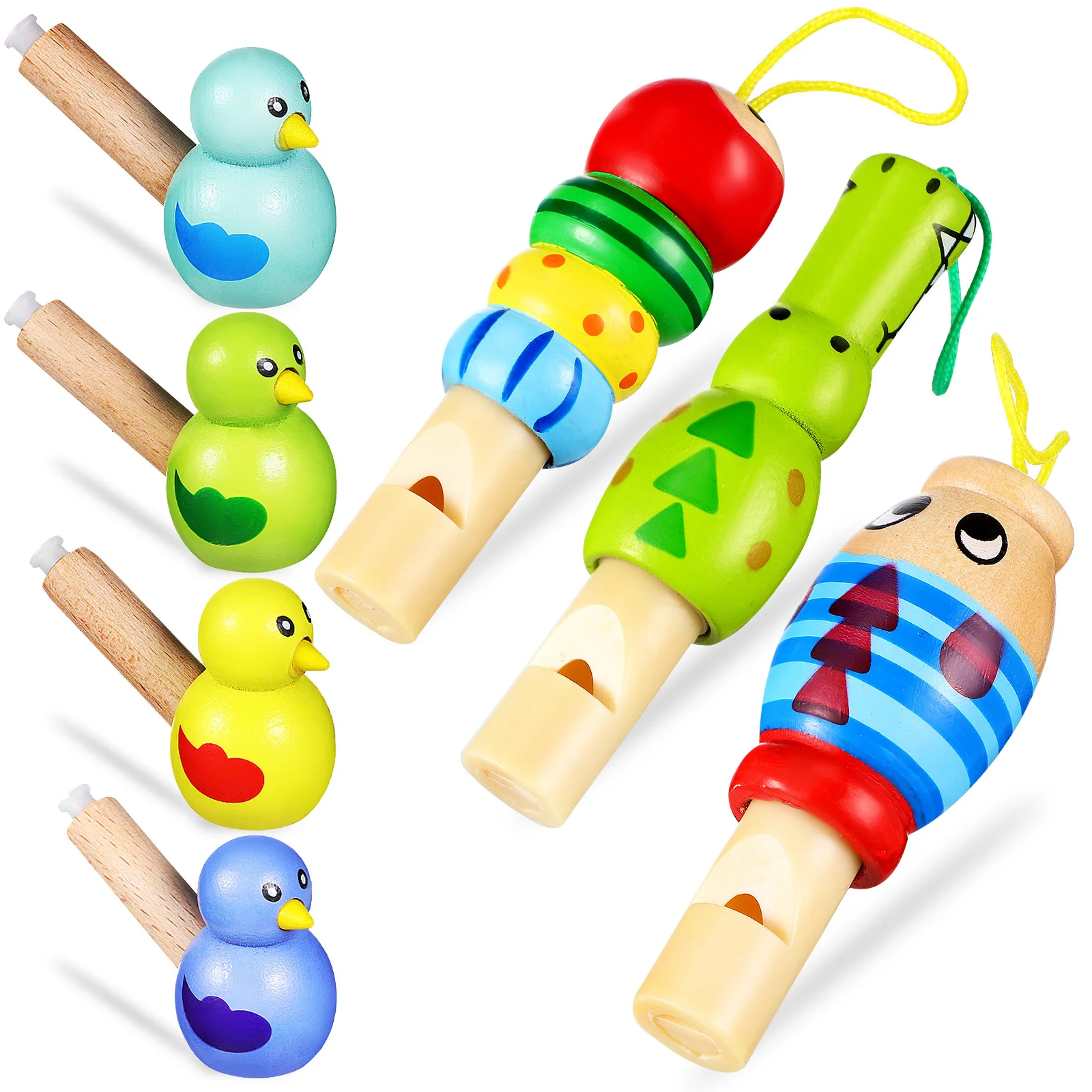 7Pcs Wood Animal Whistles Colorful Cartoon Shapes Musical Educational Gifts Improve Kids Sound Rhythm Lung Exercise