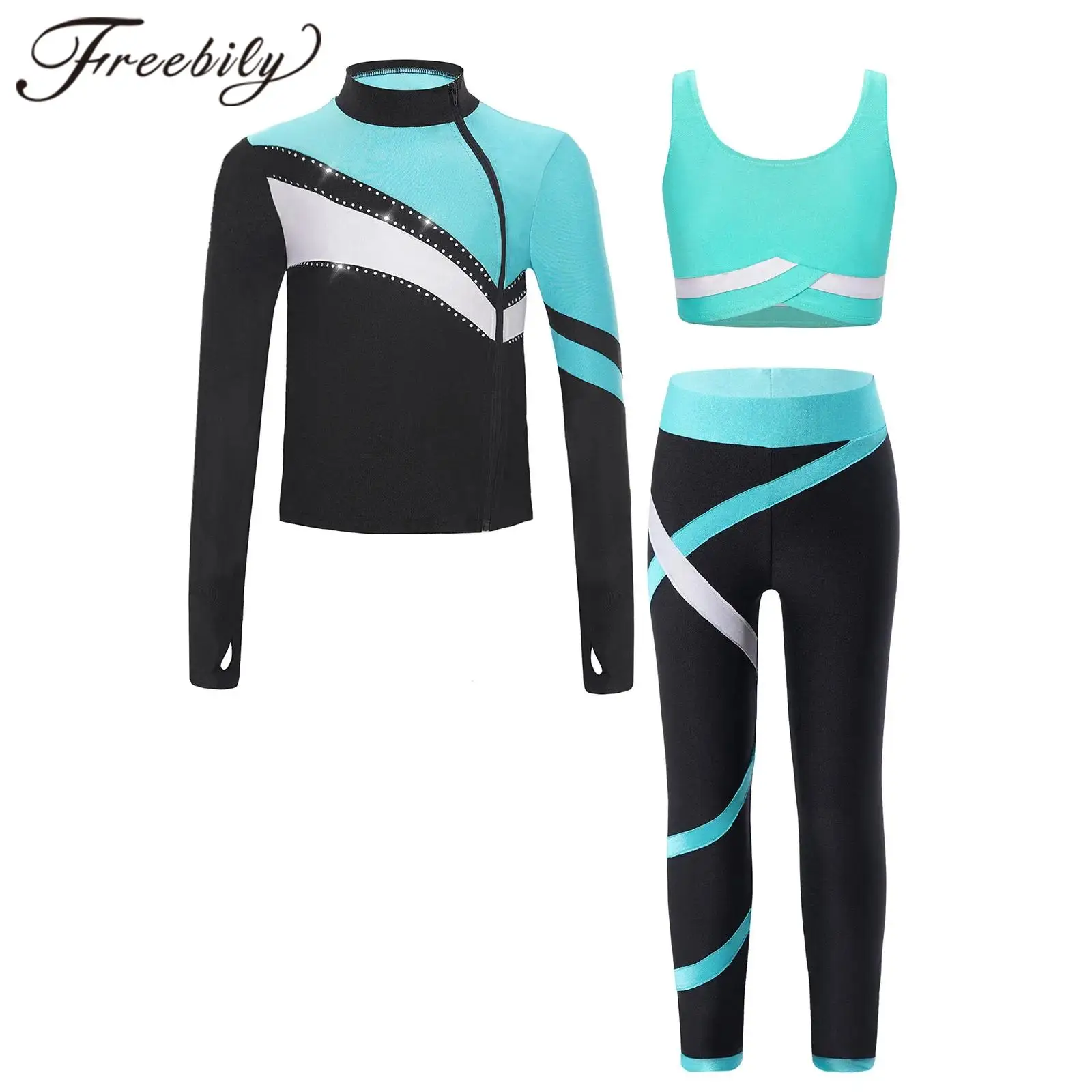 Kids Girls Gymnastics Outfits Colorblock Workout Sports Set Sweatshirt Vest Top Leggings for Figure Skating Yoga Athletic Suits