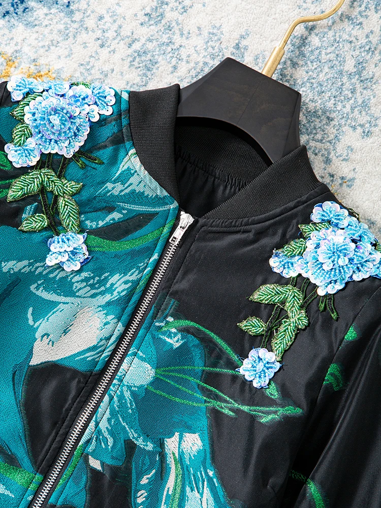 AELESEEN High Quality Autumn Winter Jacket Women Design Fashion Blue Flower Print Jacquard Lantern Sleeve Sequined Casual Coat