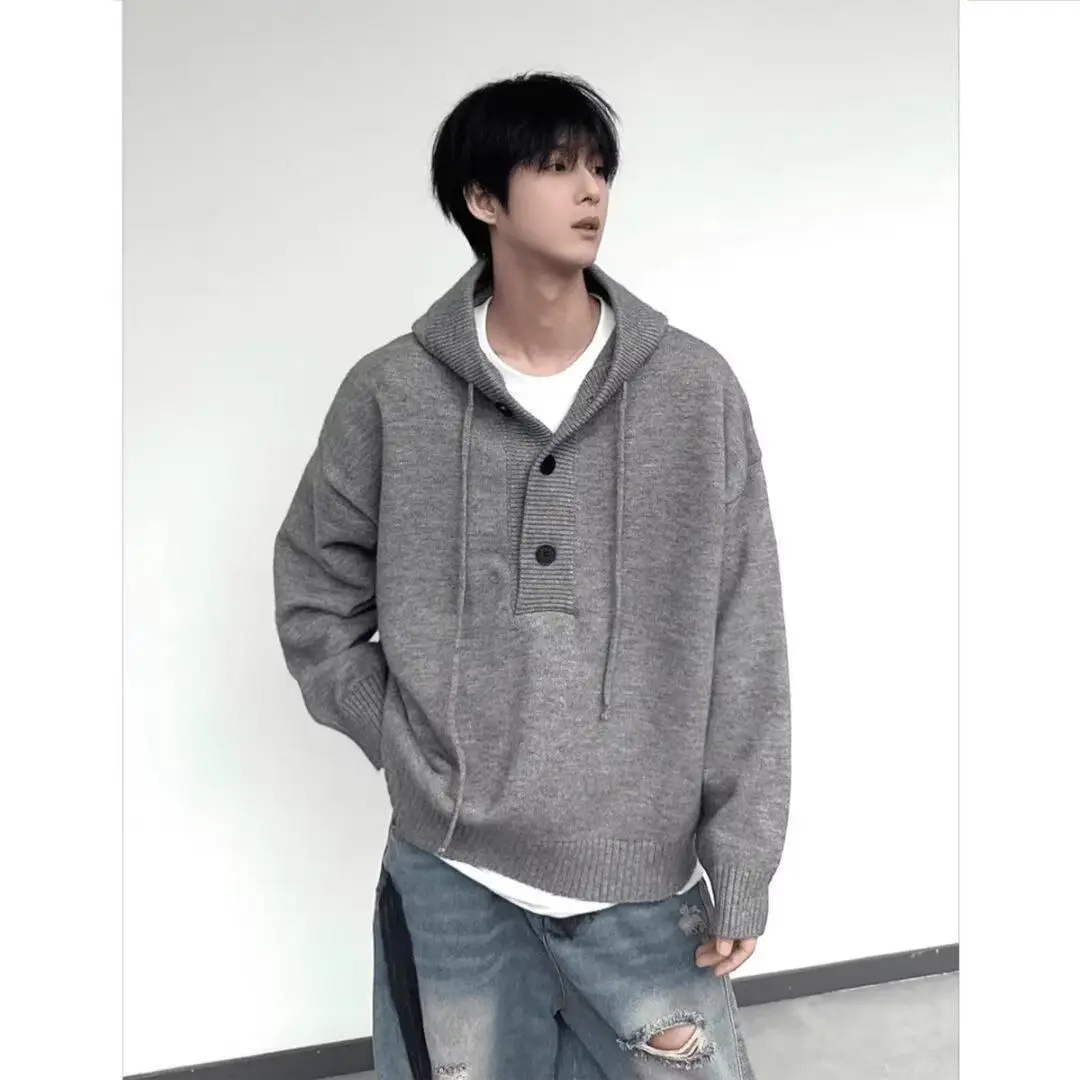 

Loose Button-Up Hoodie Knitwear ex Autumn Winter Faion Simple Sle Couples Matchings Long Sve Polyester Fiber