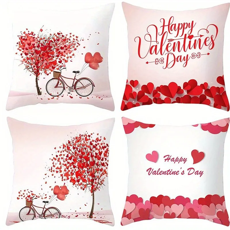 Valentine's Day Heart Tree & Bicycle Pillow Covers Pattern Cushion Cover Suitable for Sofa Bedroom Car Pillow Cover