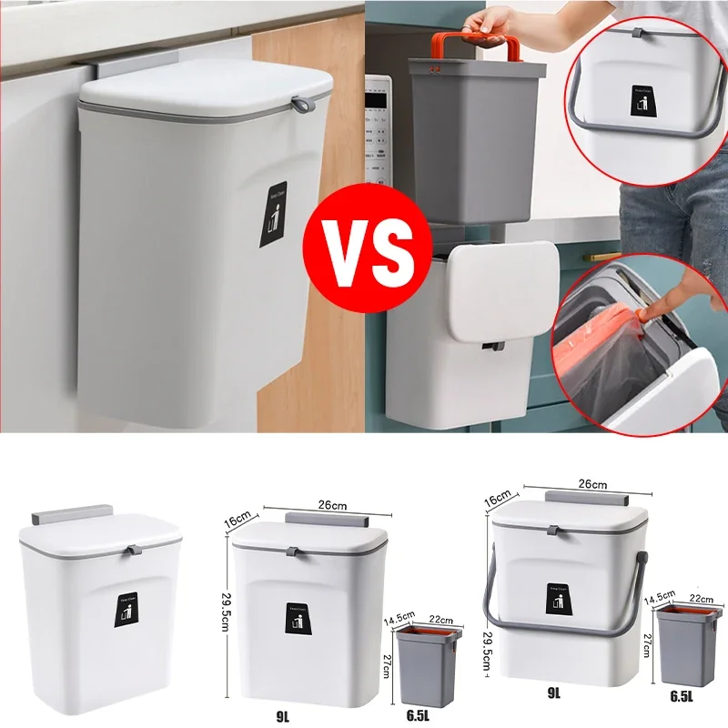 7/9L Wall Mounted Trash Can With Lid Waste Bin Kitchen Cabinet Door Hanging Trash Bin Garbage Car Recycle Dustbin Rubbish Can