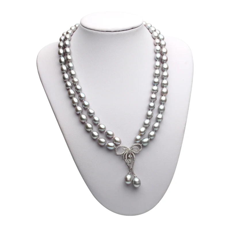 Real Luxury Grey Double Multilayer Pearl Necklace Women,Rice Freshwater Pearl Necklace Pendant Layered Wife Mother Birthday Gift
