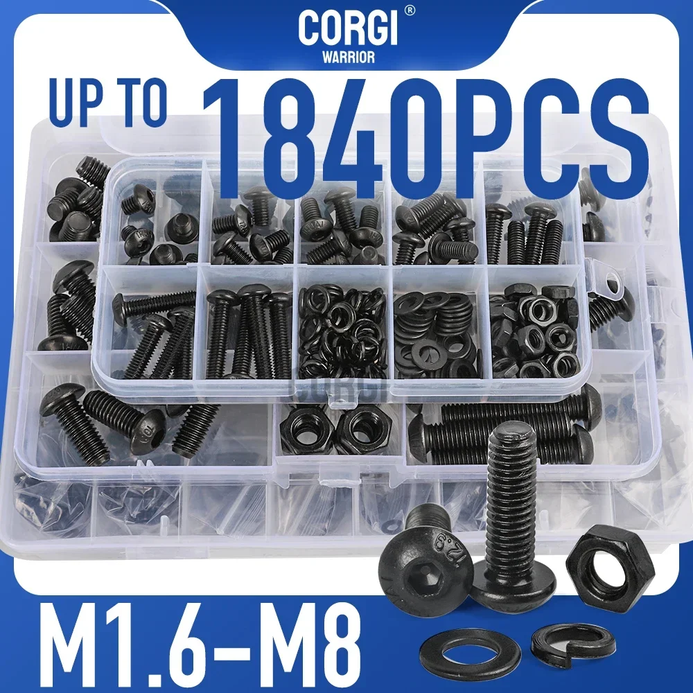 

Button Socket Head Hex Head Cap Screw Assortment Kit 72 to 1840 M1.6 M2 M2.5 M3 M4 M5 M8 Black Allen Round Machine Screws Nuts