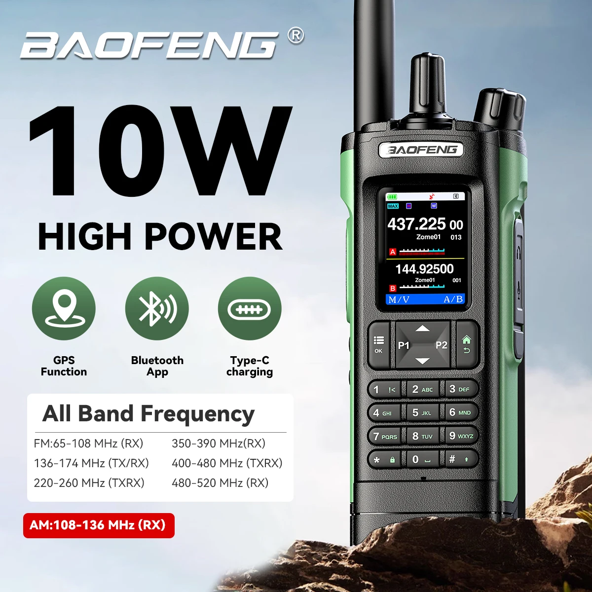 Baofeng UV-32 Walkie Talkie UV32 Multi Band 10W GPS Two Way Radio Type-C Charging Bluetooth Copy Frequency