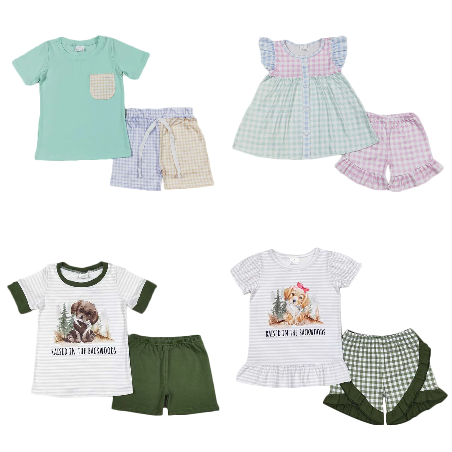 

Wholesale Toddler Short Sleeves Tops Kids Shorts Matching Baby Boy Girl Set Children Summer Infant Plaid Two Pieces Outfit