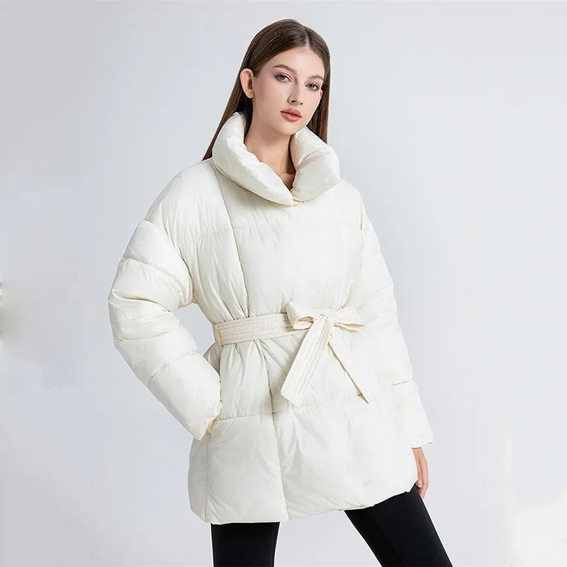 

NEW Winter Parkas Coat High End Waist Tie Up Down Cotton Jacket for Women Korean Style Fashion Slim Thick Warm Bread Jacket