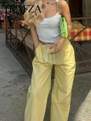 TRAFZA Yellow Striped Trousers For Women Fashion High Waist Drawstring Wide Leg Pants Casual Female Streetwear Office Lady Pant