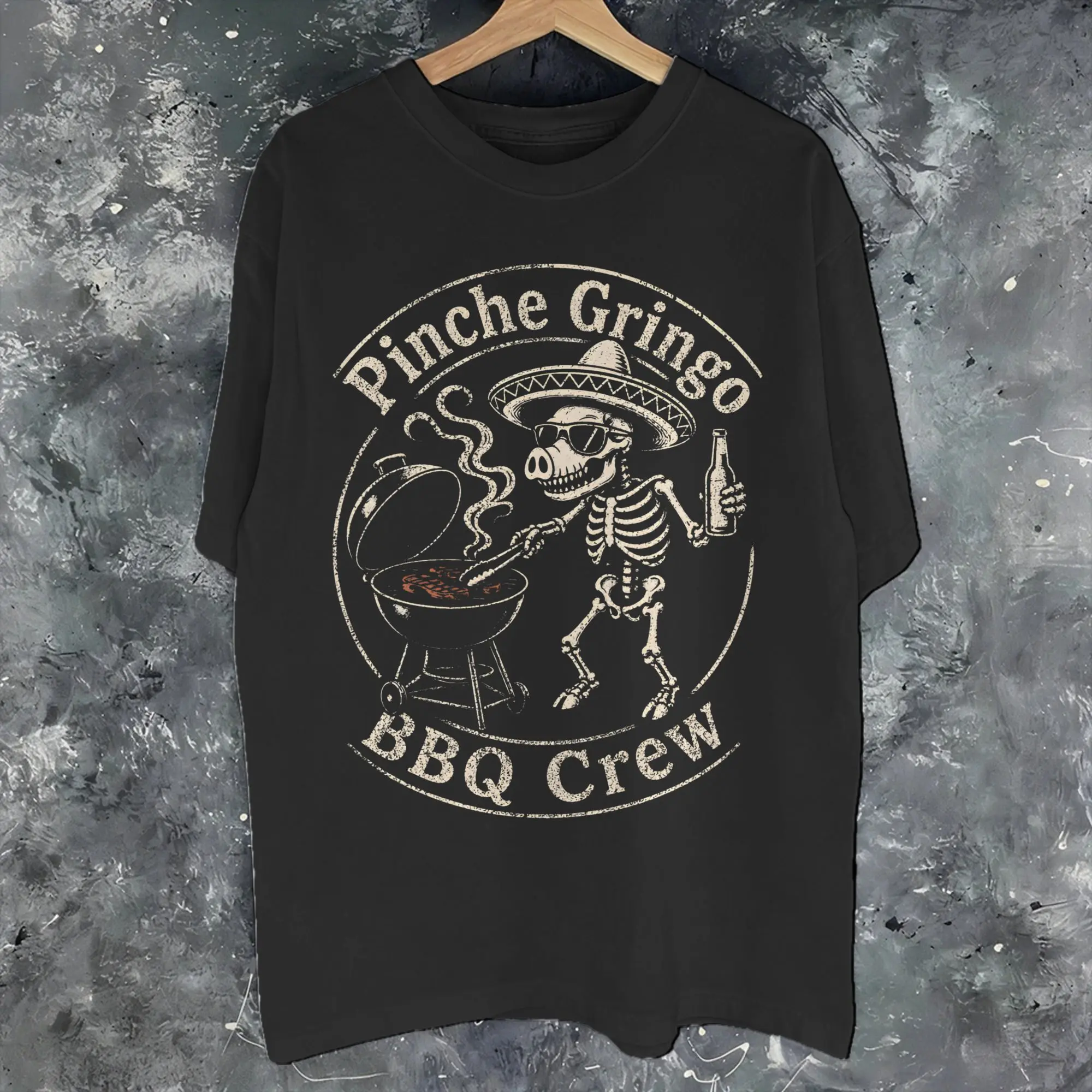 Men Women Pinche Gringo BBQ Crew Skeleton Grilling Beer Shirt Pure Cotton Graphic Printing Tee Shirts  Clothing Outfits