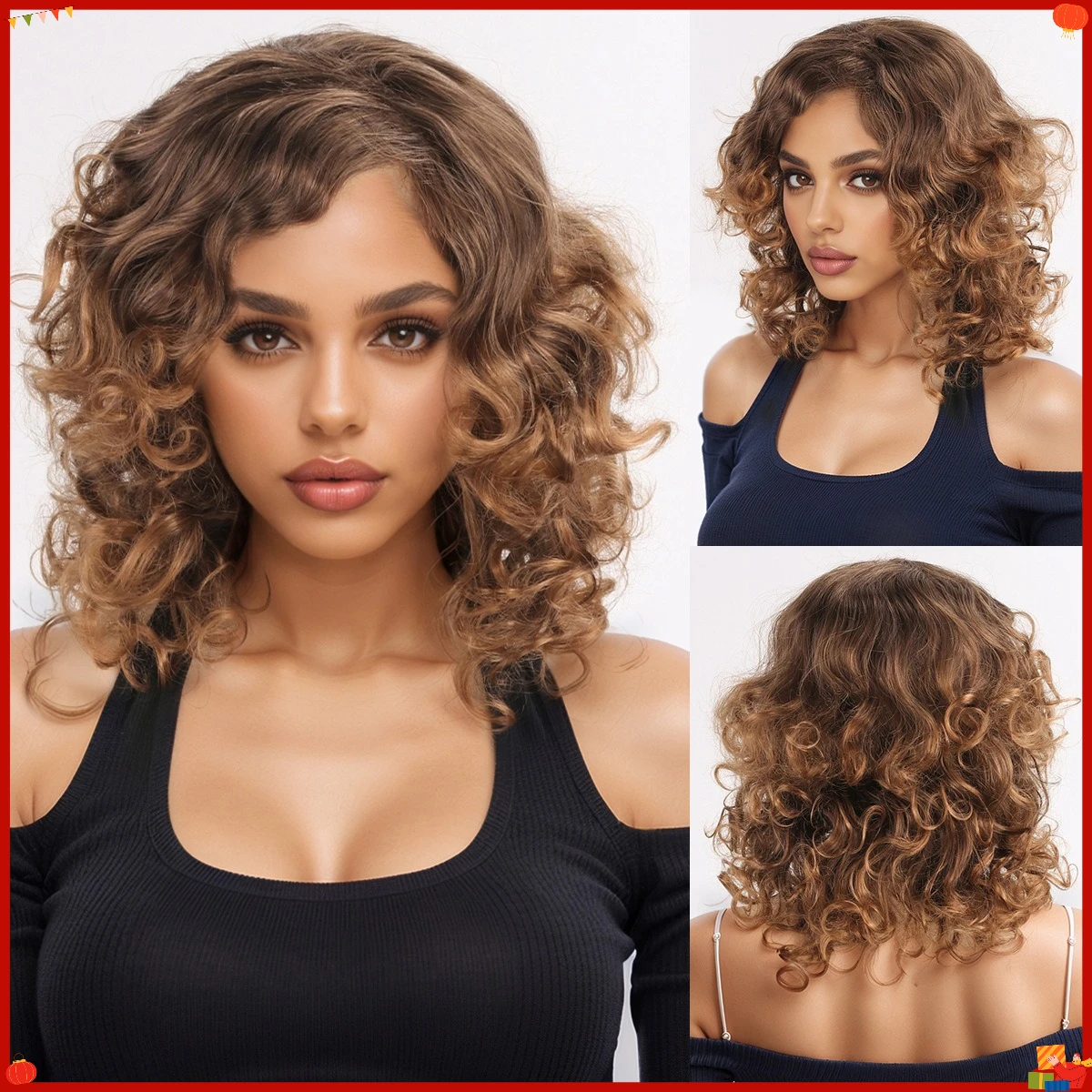 Synthetic Curly Wool Mid Short Wig Fluffy Natural Volume with Side Bang Anime Cosplay Daily Party Headwear Hairpiece