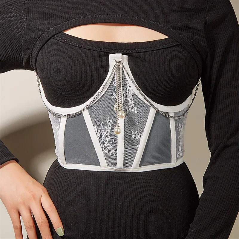 Women\'s Corset Belt Punk Pearl Metal Chain Goth Cummerbund High Waist Harajuku Vintage Mesh See Through Waist Shaper Corsets