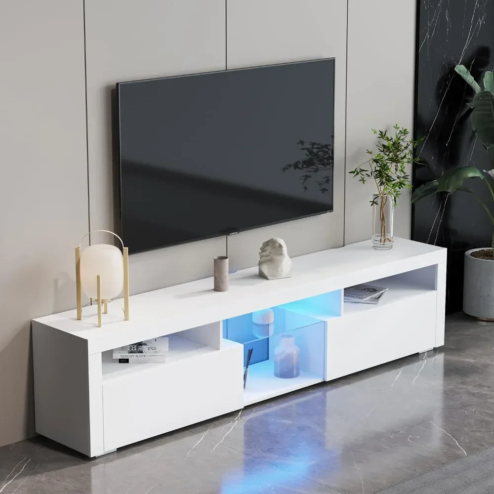 Support TV Flottant à LED Mural Blanc pour Télévision de 70/75/80/85 Pouces, Console avec Armoire, Centre de Divertissement