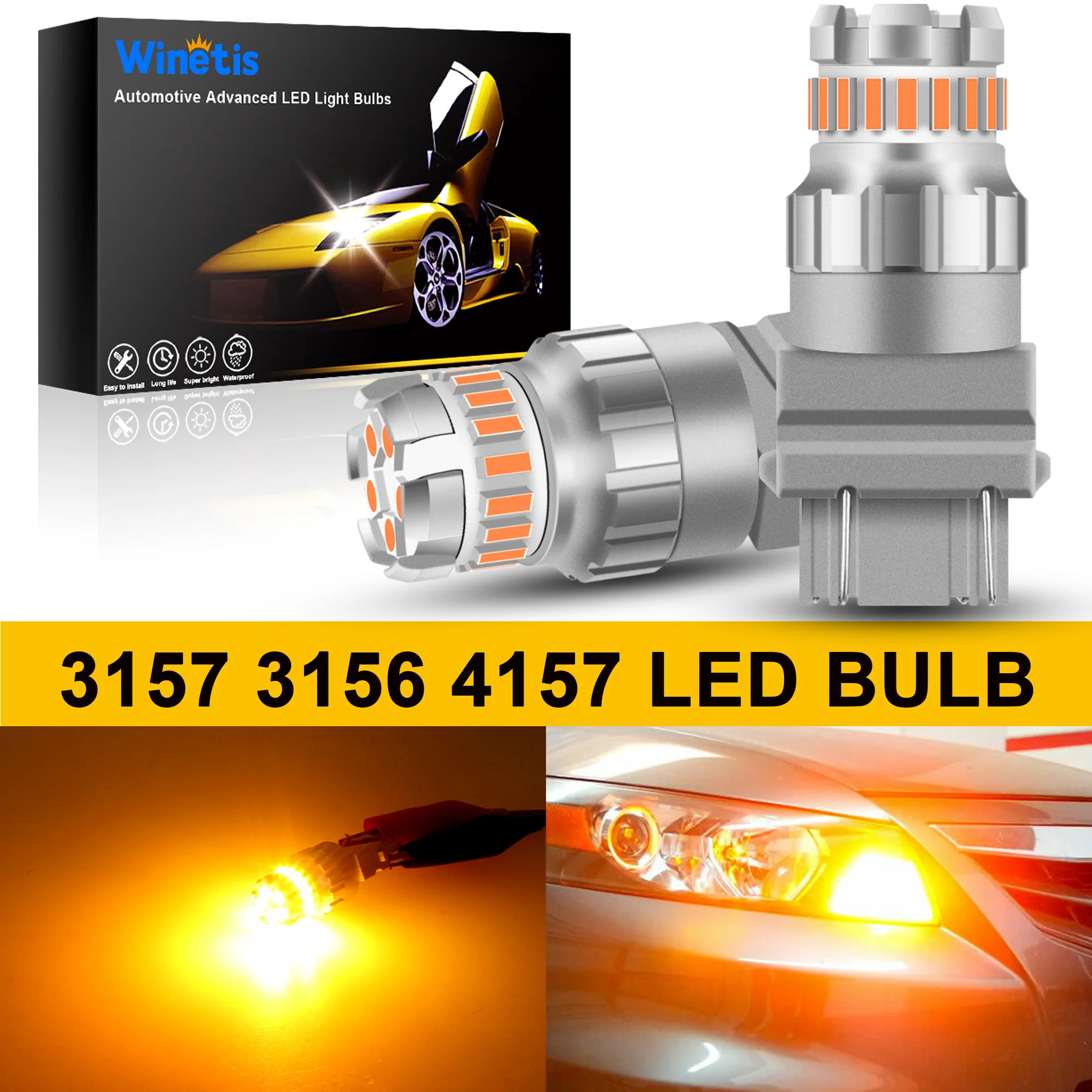 

Winetis 2X 3157 3057 3000K Amber Yellow LED Turn Signal Light Bulbs 4157 3156 CANBUS Anti Hyper Flash Error Free