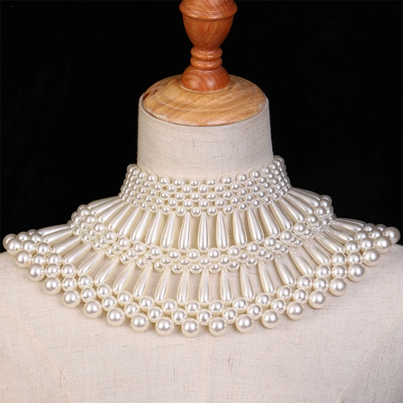 

Luxurious Jewelry Bib Choker Necklace Handmade Hollow Out Woven Water Drop Pearl Beaded Layered Body Chain Shawl Collar