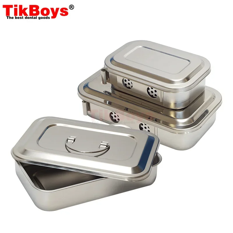 304 Thick Dental Square Plate Stainless Steel Material Sterilization Tray Box with Hole Cover Equipment Surgical Instruments