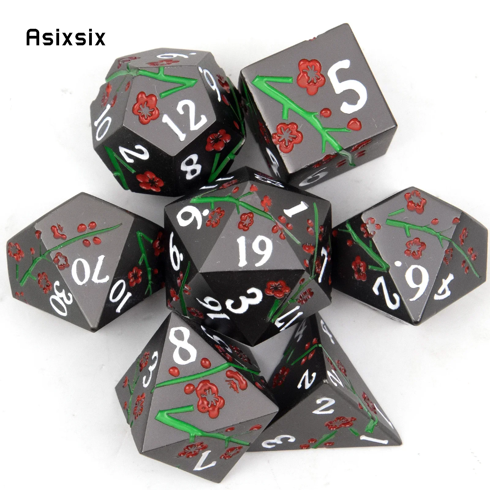

7 Pcs Black Flower Metal Dice Solid Metal Polyhedral Dice Set Suitable for Role-Playing RPG Board Game Card Game