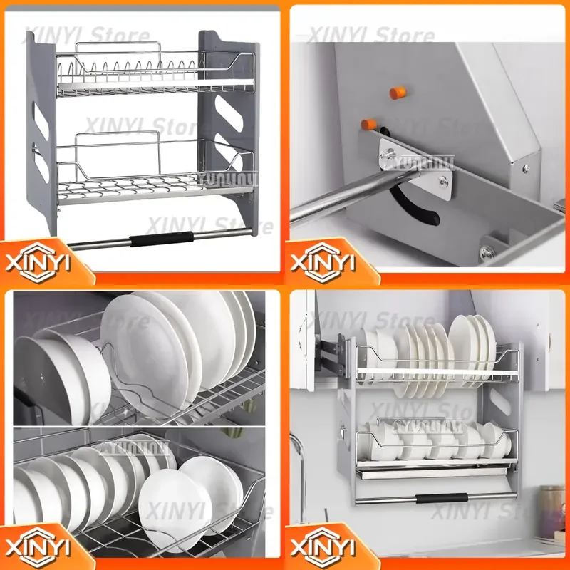 for Stainless Steel Kitchen Cabinet Pull Out Basket Damping Buffer Lift Up Dish Storage Rack Smooth Rising Bowl Shelf