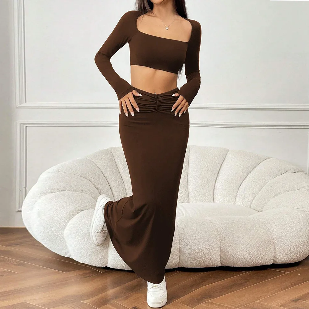 Automne hiver élégant à manches courtes haut jupe ensemble pour les femmes décontracté col carré à manches longues haut cheville longueur jupe deux pièces ensemble