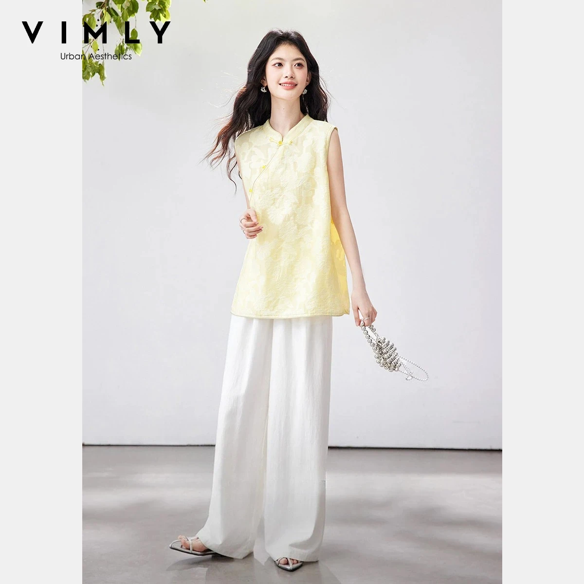 VIMLY New Chinese Style Two-Piece Set Women's Sleeveless Stand Collar Frog Button Top Wide Leg Pant Elegant Casual Outfit A5396