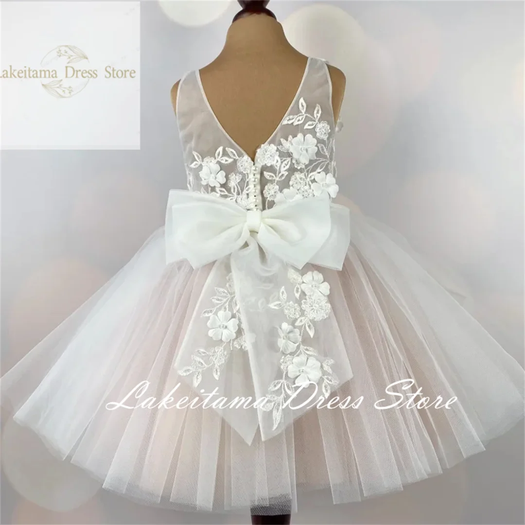 

White Flower Girl Dress Tulle Sleeveless With Bow Knee Length For Wedding Birthday First Communion Dress