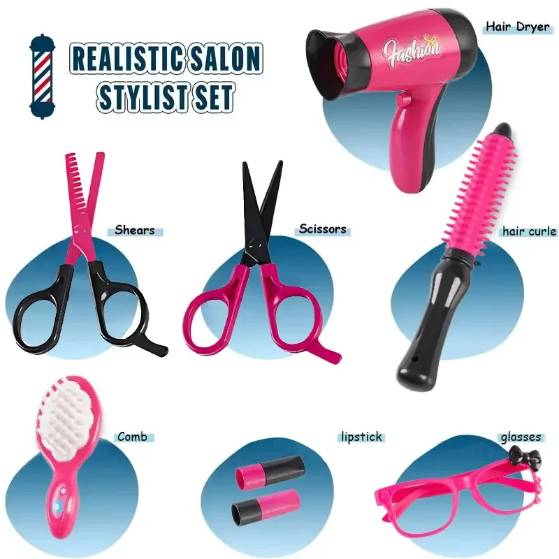 여자 미용실 세트, 미용사 장난감은 헤어 드라이어, 가위, 앞치마 및 Stylin 액세서리로 머리 절단 키트를 연주하는 척