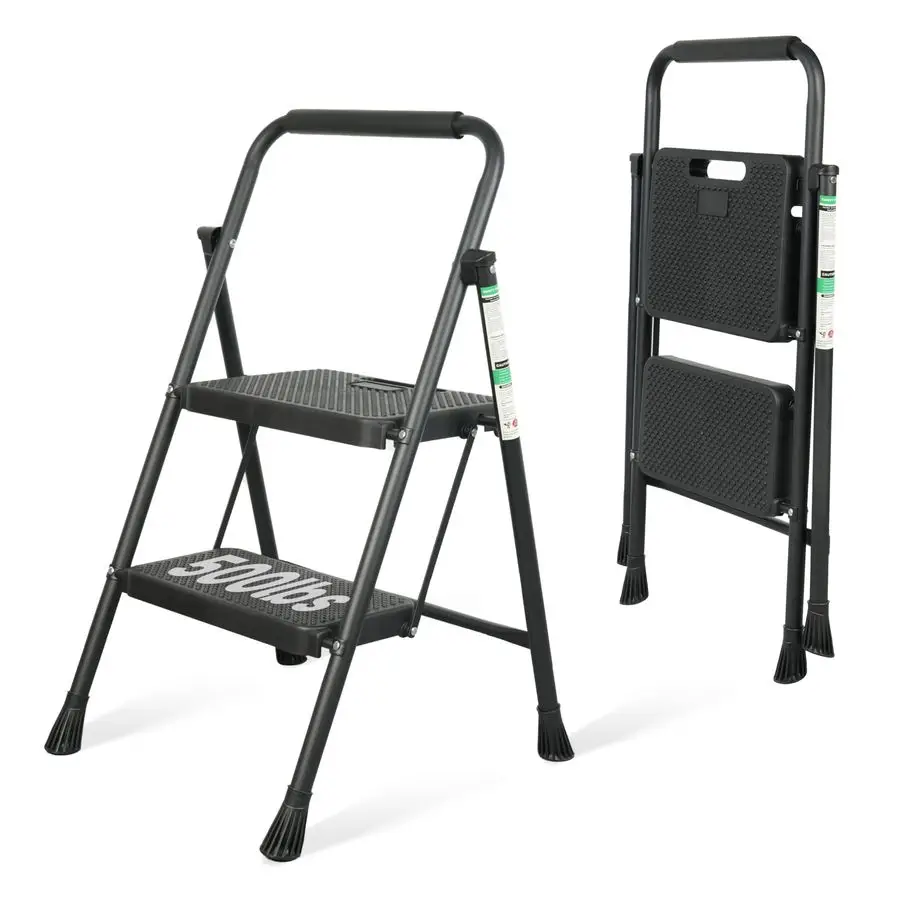 Escalera de 2 Peldaños, Taburete Plegable Portátil de Acero con Pedal Ancho Antideslizante y Práctico Agarradera, Escalera de Acero Resistente de 500 Libras, Negra
