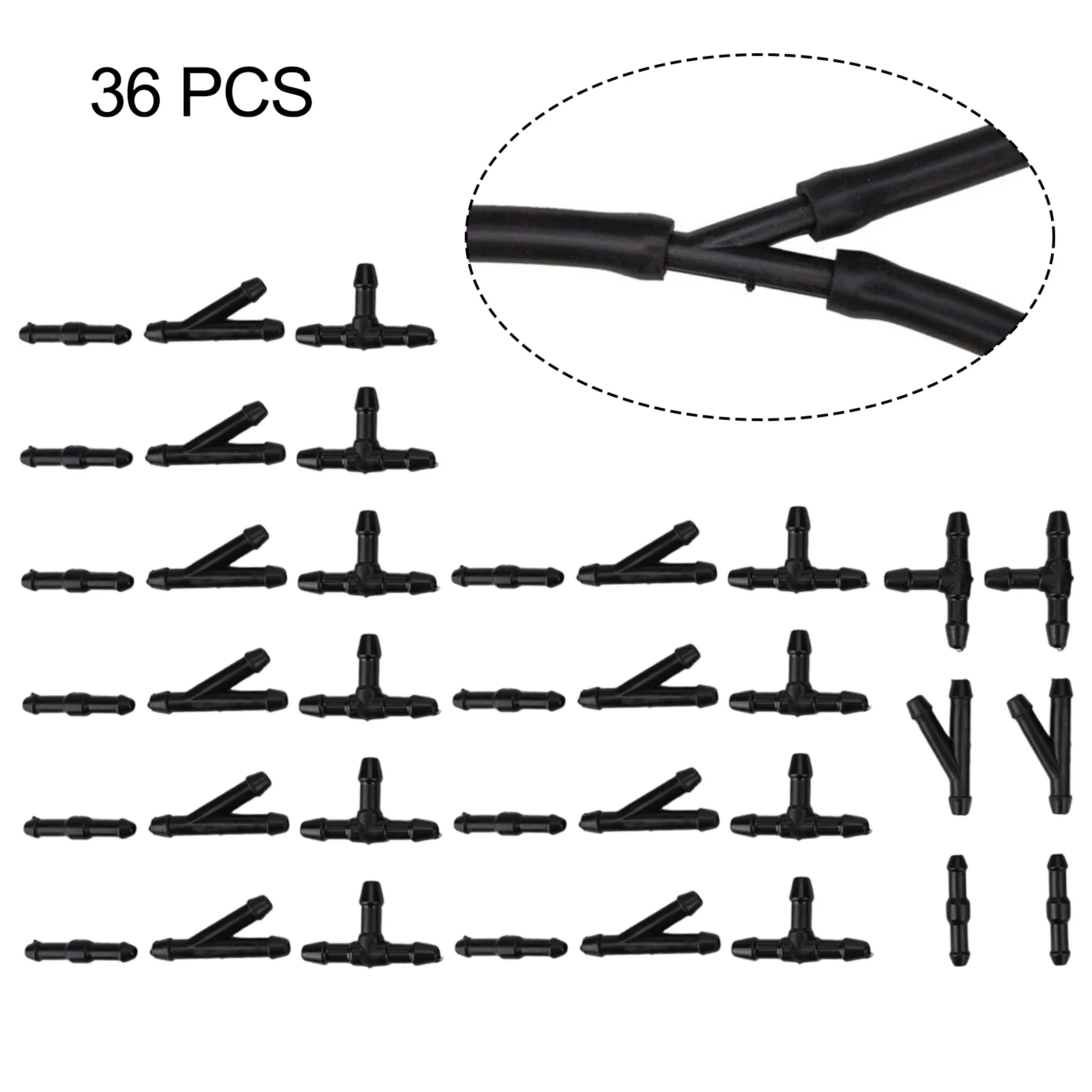 36pcs /Black Plastic Windshield Washer #Hose /Connector Kit #Y For T I Type For Splitter Fittings Tube Adapter For Car Auto