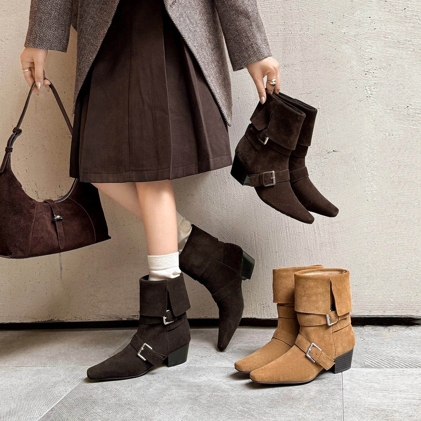 

Women's Versatile Comfortable Slouchy Desert Booties - Handmade Genuine Nubuck Leather Pointed Toe Block Heel Black/Brown/Khaki