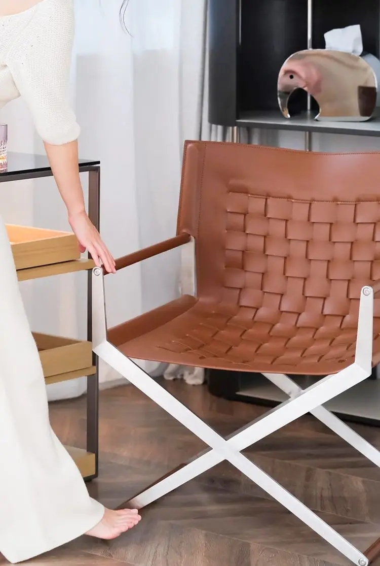 

For Classic Woven Saddle Leather Armchair Bauhaus Steel Foot Chair Reclining Chair Breathable Outdoor Chair Study Lounge Chairs