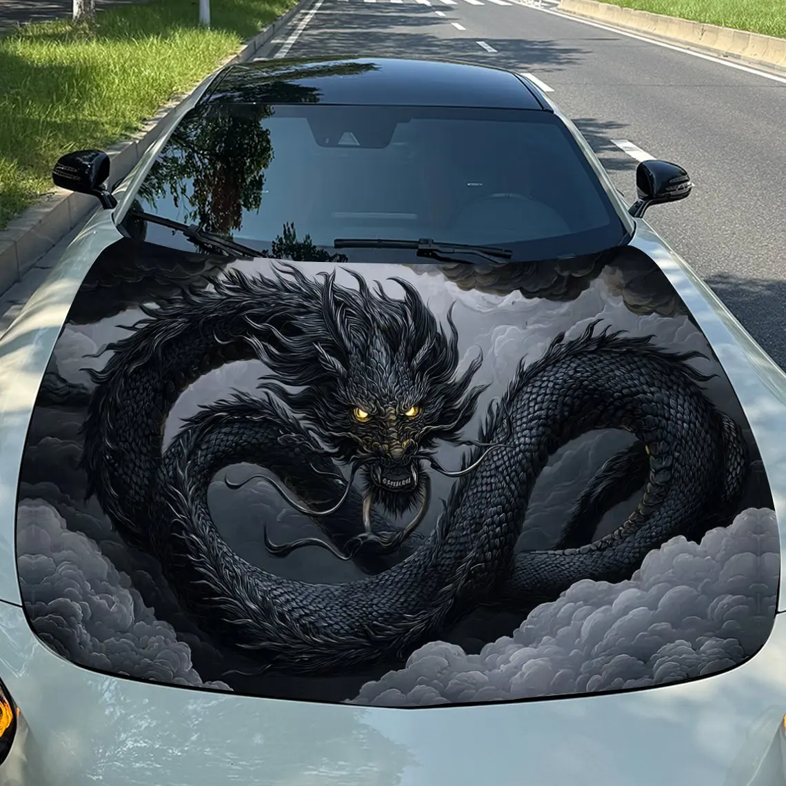 

Ink Clouds Black Dragon Car Vinyl Wrap, PVC Material Waterproof Car Hood Sticker, Self-Adhesive Scratch-Resistant Stickers for E