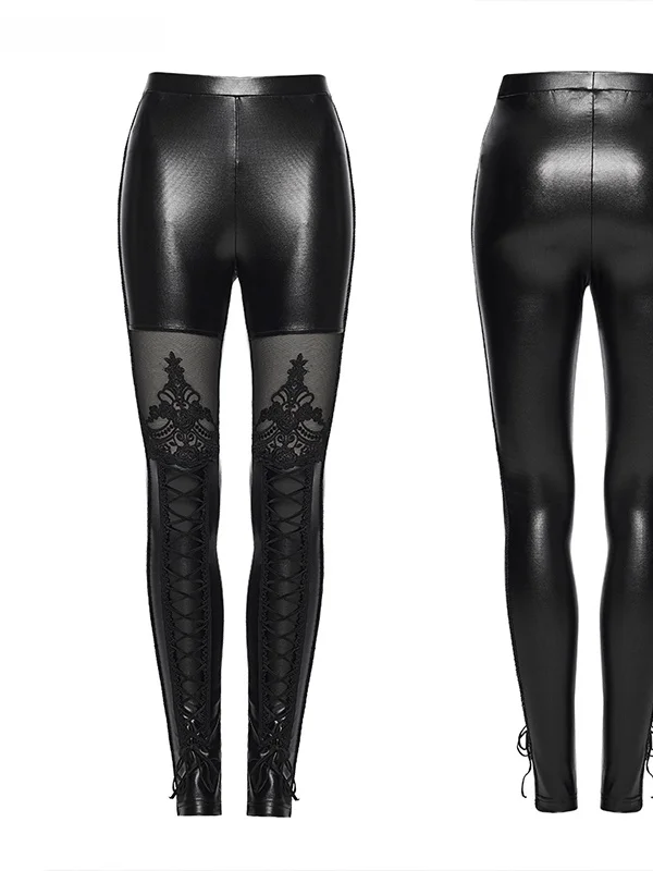 Sexy Lace Splice Faux Leather Bottoming Pants Women's Belted Slim Fit Retro Style Trendy Binding Skin-tightening Pants