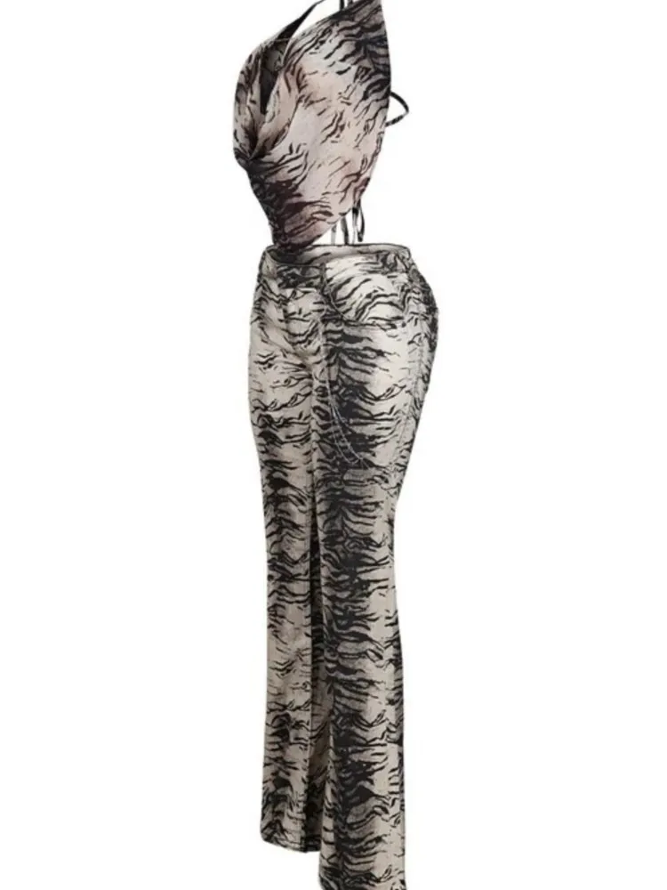 XTOCEAN セクシー プリント ツーピースセット レディース ナイトクラブ パーティー セクシー バックレス ホルターネック タンクトップとワイドレッグパンツ ツーピースセット 2025