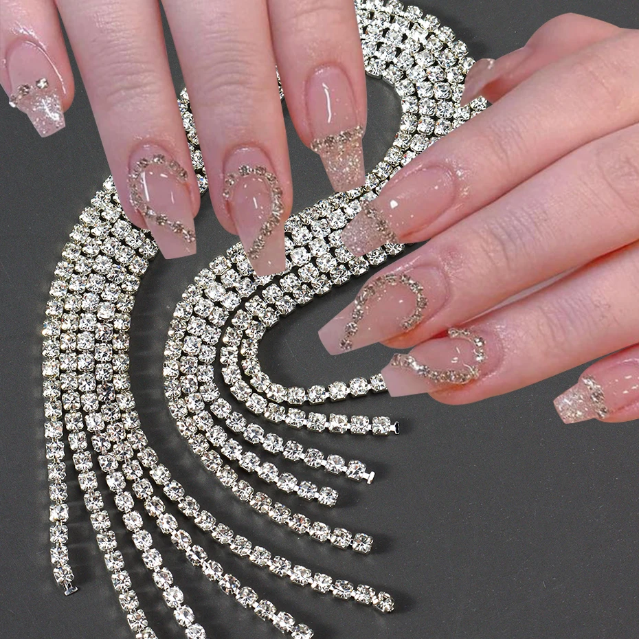 1 حزمة طويلة فاخرة تألق سلسلة مسمار الملحقات سلسلة معدنية فضية مع زخارف الماس DIY بها بنفسك رسومات أظافر الديكور