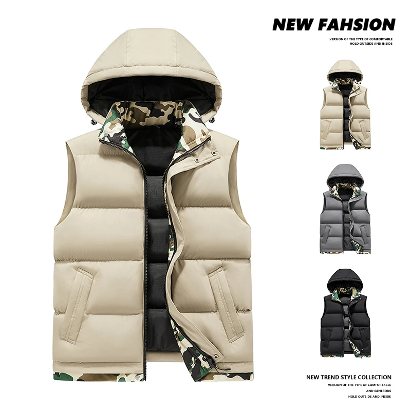 

Men's Big & Tall Camo Quilted Vest, Detachable Hood Fleece Lined Sleeveless Jacket for Winter