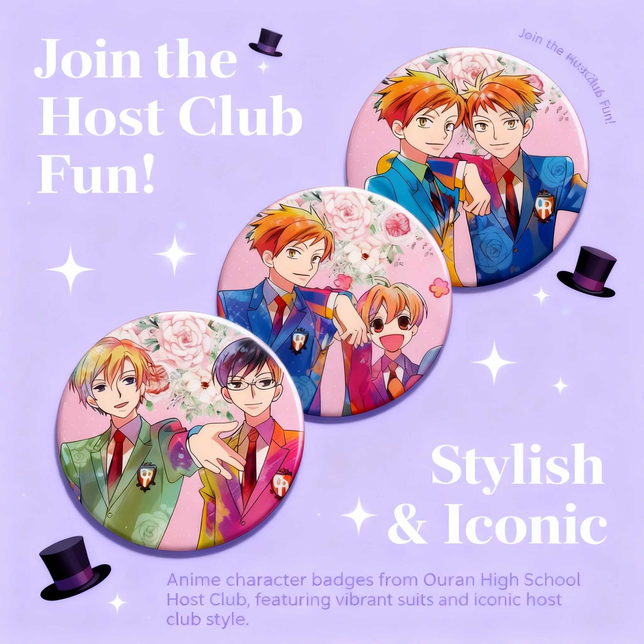 

Anime Badge Set Ouran High School Host Club Tamaki Suou Kyoya Ootori Hikaru Hitachiin Kaoru Hitachiin Anime Merchandise