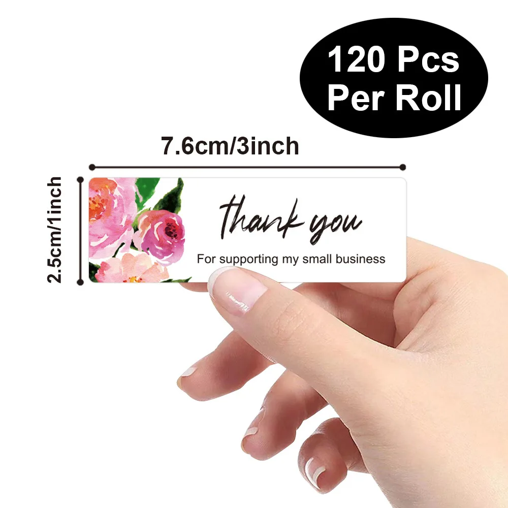 120Pcs/roll Flower Thank You Stickers for Small Business-1x3 Inch Pink Sealing Labels for Packaging, Delivery, Decoration, Gifts