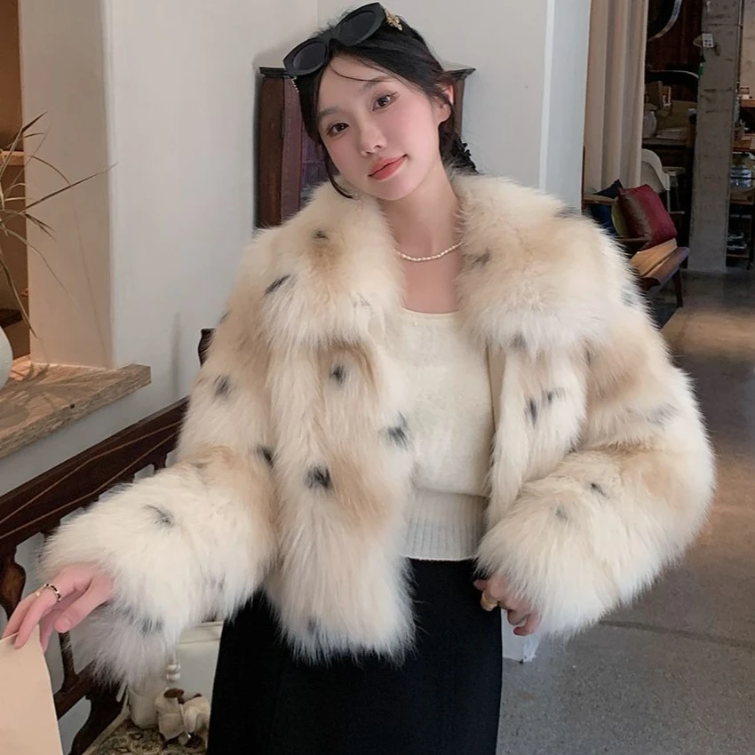Women Leopard Printed Imitation Faux Fox Fur Coat Faux Mink Fur Bomber Jacket Short Turn Down Collar Furry Parka Cardigan Tops