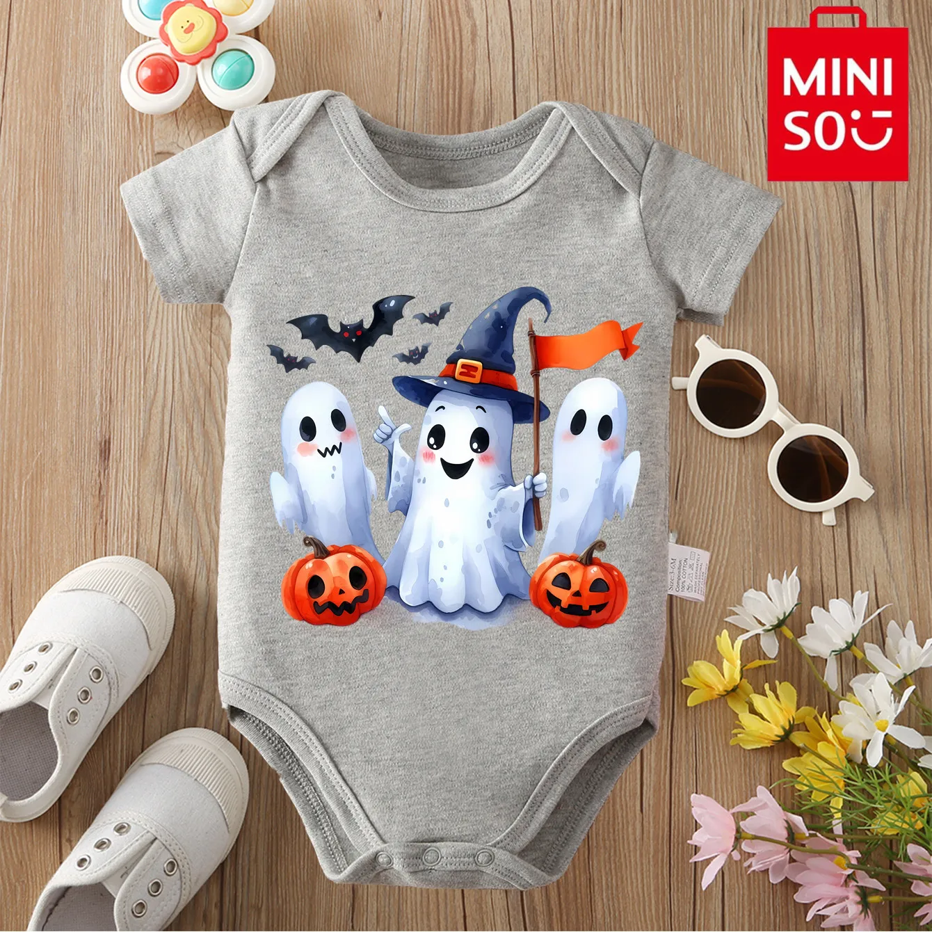 

MINISO My First Halloween 100% Cotton Cloths Ghost Candy Bat Print Bodysuit for Baby Onesie Jumpsuit for 0 To 12 Months Newborn