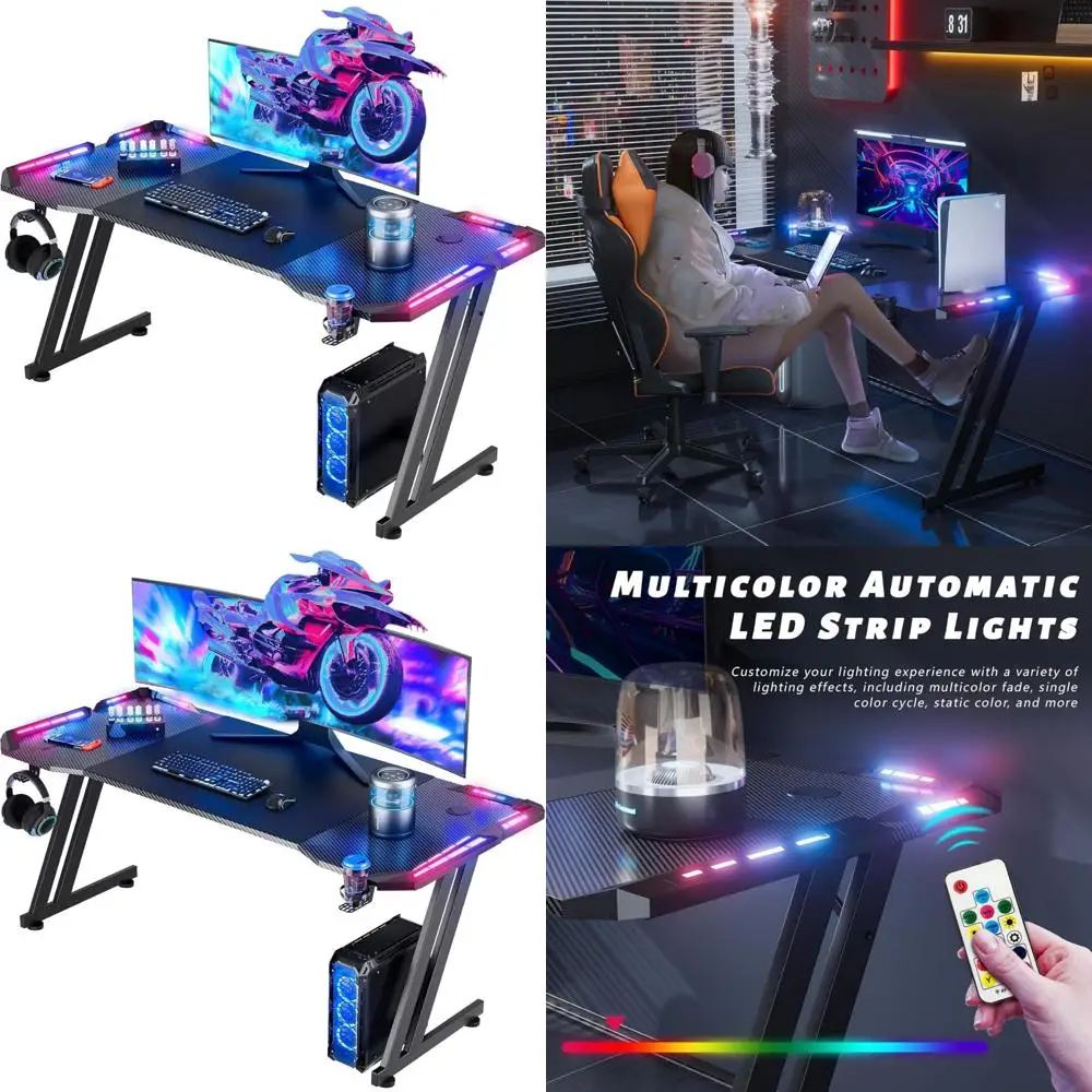 مكتب ألعاب HLDIRECT مقاس 47 بوصة مع أضواء LED، طاولة مكتب ألعاب كمبيوتر RGB كبيرة مع حامل أكواب ووسادة ماوس بخطاف لسماعات الرأس، مريح #1