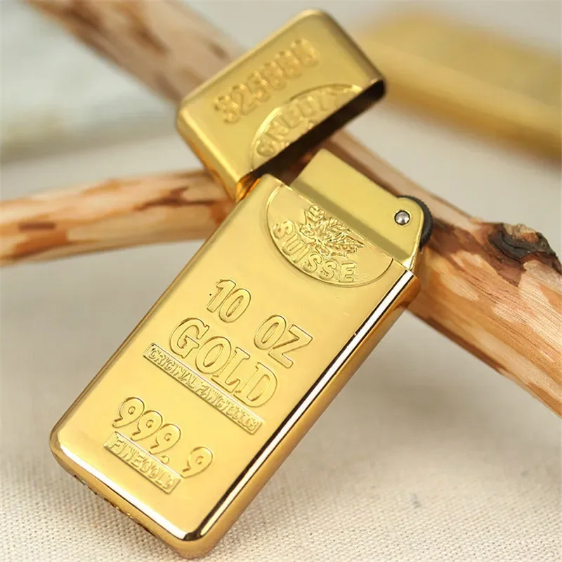 Luxury Compact Jet Gas Lighter Inflated Butane Bullion Oil Lighters Grinding Wheel Bar Gold Brick Metal Cigarette Accessories