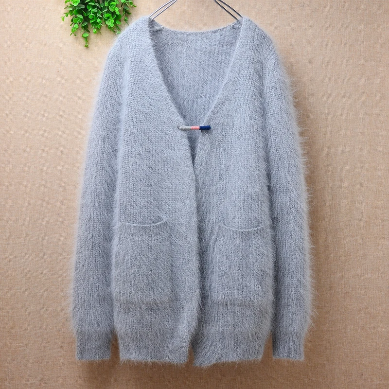 

Ladies Women Fashion Grey Hairy Mink Cashmere Knitted Long Sleeves Slim Cardigan Mantle Angora Fur Jacket Coat Sweater Pull Top