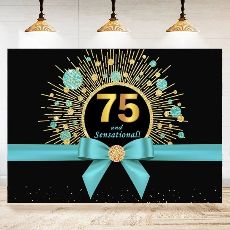 75th Sensational Women Birthday Theme Party Photography Backdrop Black Poster Happy Birthday Gold Glitter Background  Banner