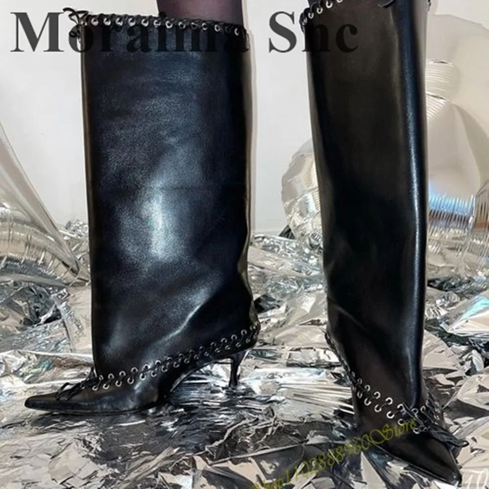 Plus Size Mid Calf Black Leather String Boots Thin High Heel Women Shoes Slip On Pointed Toe 2025 Fashion Zapatos Para Mujere