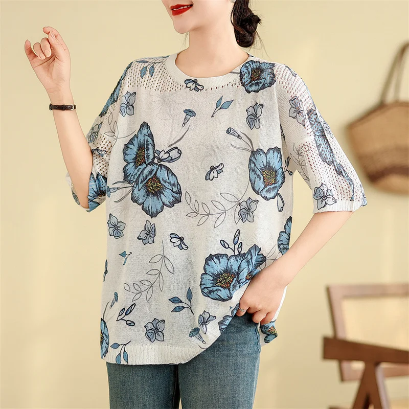 

Summer Knitted T Shirt Women Sweater Pullovers Clothes Quality Tees Top Short Sleeve Casual Floral print Hollow Women's T-shirt