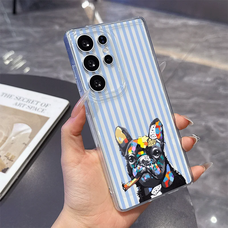 Cute Pug Dog French Bulldog Clear Phone Case for Samsung Galaxy S26 Ultra S25 S24 FE S23+ S22 S21 Plus Pink Striped Soft Covers