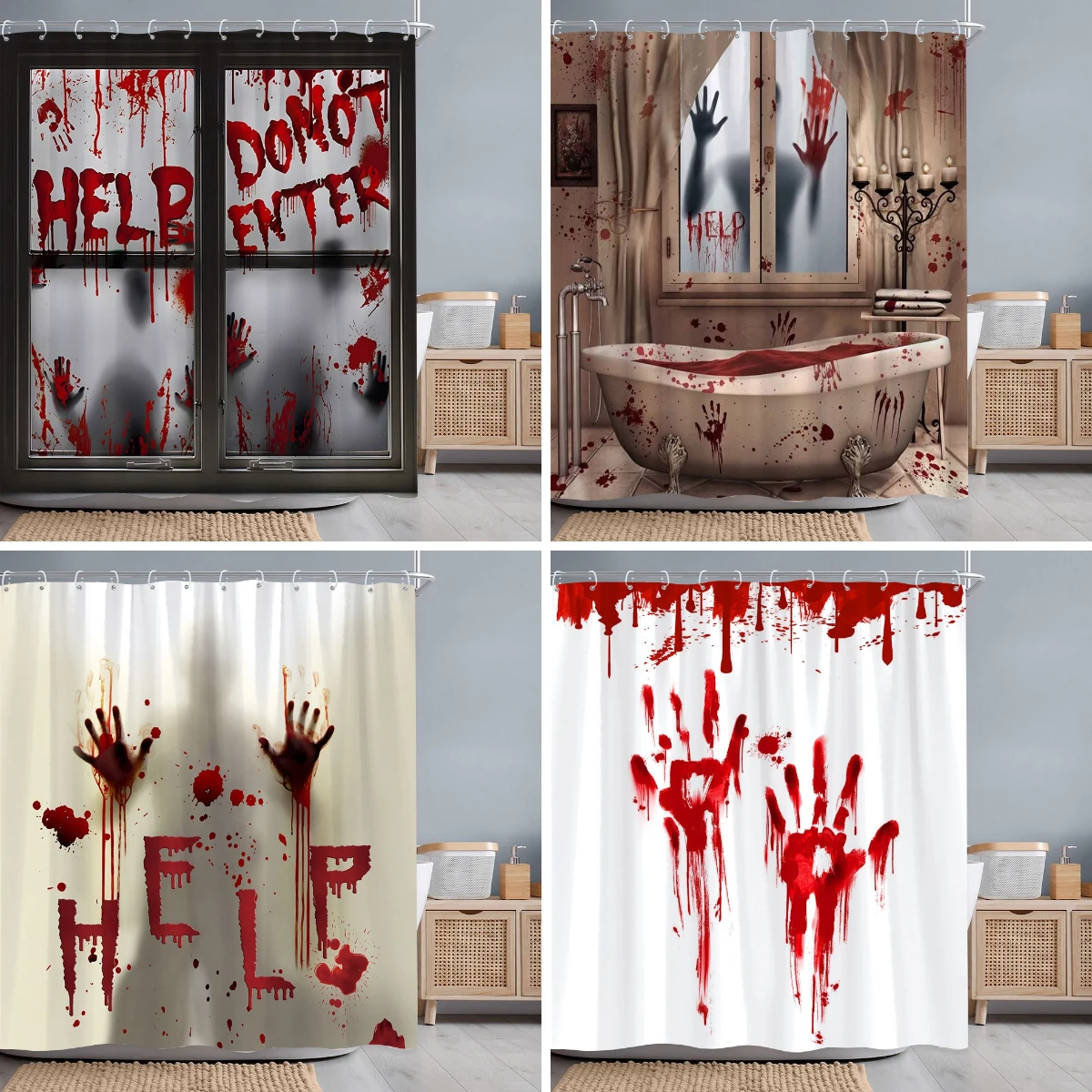 Scary Blood Handprints Halloween Shower Curtain Scary Shadow Blood Bathtub Polyester Shower Curtains Bathroom Decor with Hooks