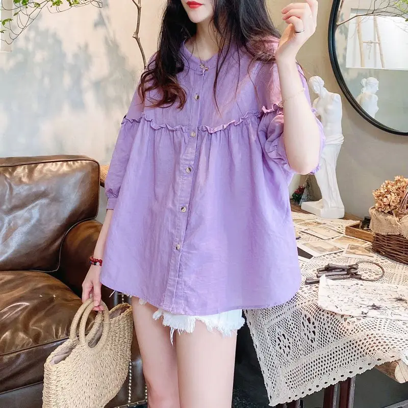 Spring Autumn Fashion Solid Color Stand Women\'s Clothing Blouses Pleated Edible Tree Fungus Bishop Sleeve Loose Chic Baby Shirt