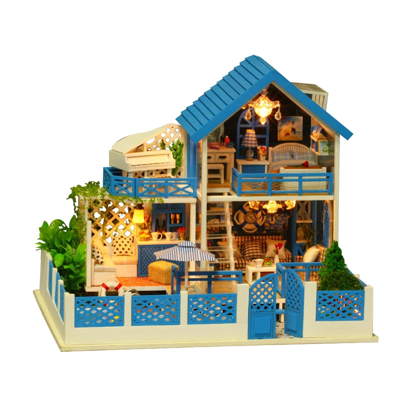 Doll House Wooden Furniture Travel To Agean Sea Diy House Miniature Assemble Kits With Furniture Led Lights Kids Birthday Gifts