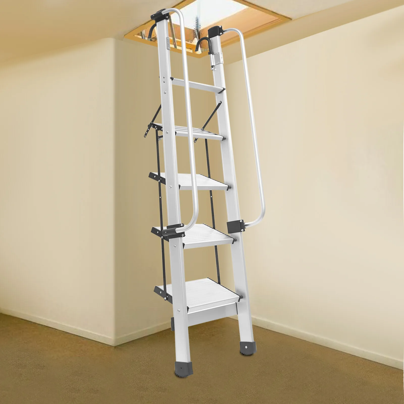 سلم من سبائك الألومنيوم مكون من 5 خطوات سلم بطابقين مع درابزين 150 كجم/330.69 رطل